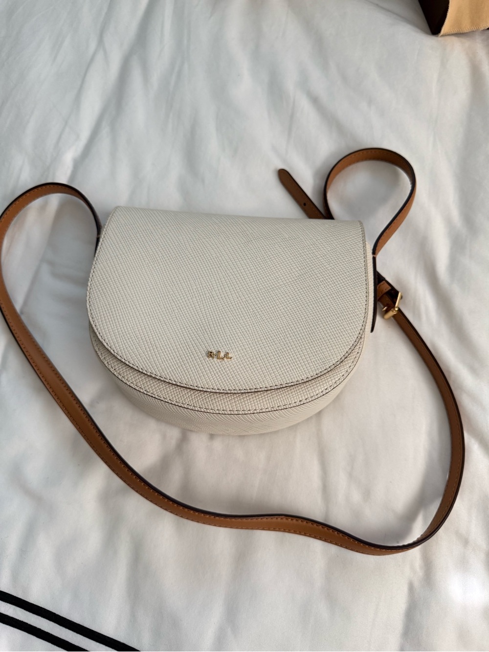 Ralph Lauren White Saddle Crossbody with Tan Strap